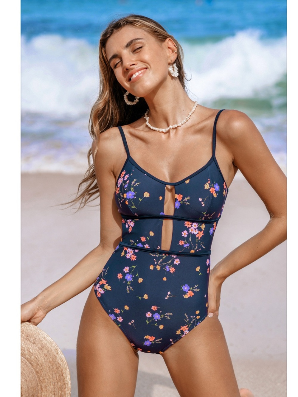CUPSHE Navy Floral One-Piece Swimsuit with Cutout